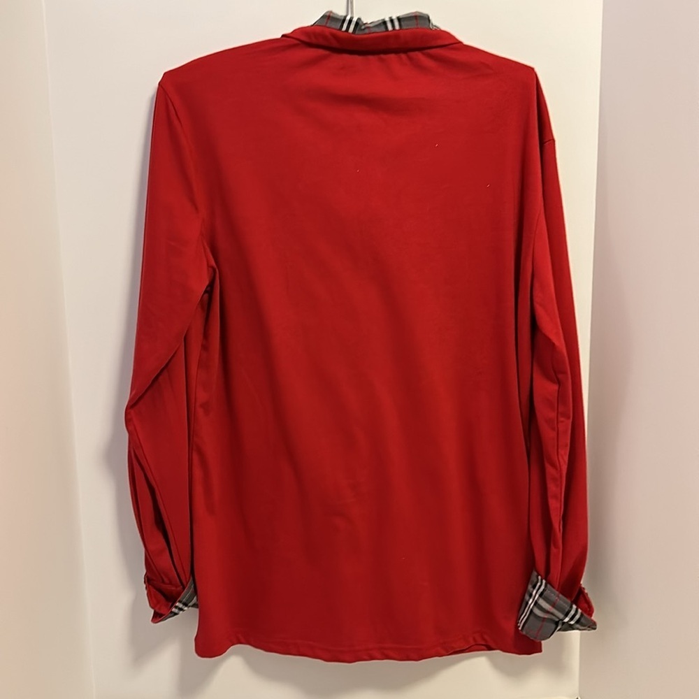 COOFANDY BRAND RED POLO SHIRT 3 BUTTONS DOWN CENTER GREY RED WHITE PLAID ACCENTS - Picture 5 of 8